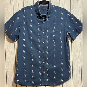 J Crew Men’s Button Down Shirt Short Sleeve Navy Slim Fit Flamingo size M